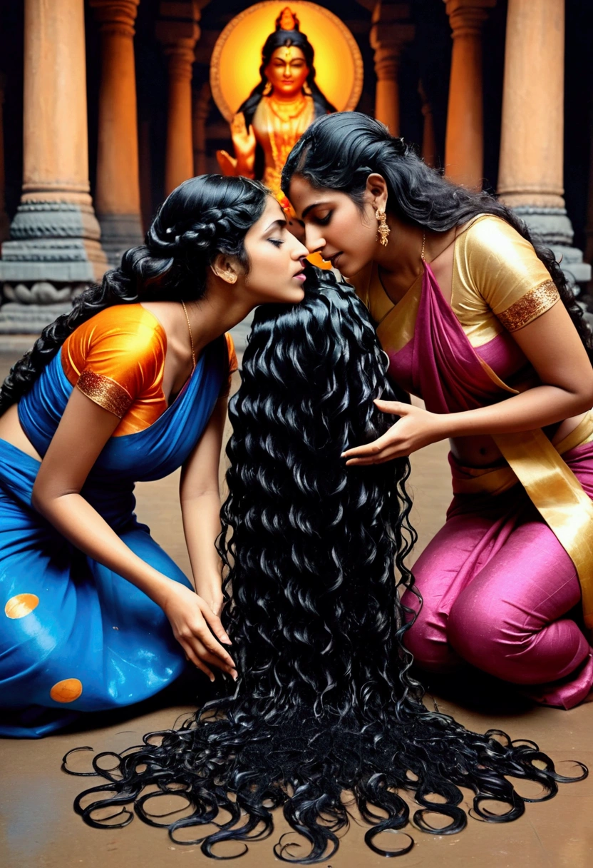 indian kali temple,three younger indian ladies in sarees,unnatural unreal wiered black 3c curly hairs like black springs,It is being coiled and coiled and coiled amd millon times coiled hairs made up in salon exact looking like image prompt,Showered highly wet hairs,Drenched and absorbed oil in their hair,like hair flooded with 10000000000000000000000000000000000000000000 liters of oil and soaked in thier hair,hairs like water pulp,Those hairs got pulpted and makes extremely very thick hair curls like black springs on thier hairs,Their hairs got coiled with oilness,Shinning shinning and shinning like black mirrors stating big thick black springs,one lady kneeled down, other two bend over and licking head scalp of kneeled lady from behind, Like they raping kneeled lady' head scalp with kissing wildly