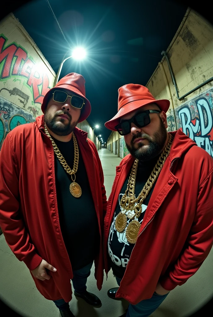 A mesmerizing, 4K ultra-high-resolution photograph of two corpulent, corpulent 24 YEARS OLD  urban rock music artists, fusing rock and hip-hop styles. The image is captured through a professional fisheye lens, showcasing the artists' hyper-realistic, photorealistic appearance. The performers wear Clothes Dr. Stranger-inspired outfits, with a magical twist, as if they are Masters of Magic. Their intense expressions and poses dominate the scene, while the background highlights the urban rock atmosphere, with graffiti-covered walls and streetlights.