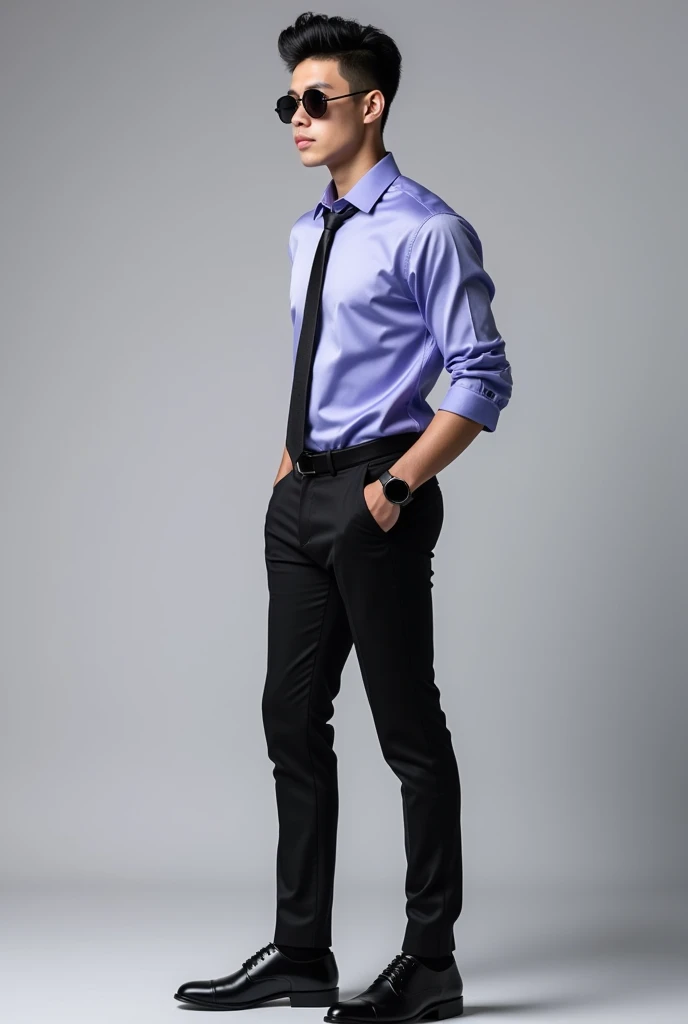 A man with fair skin without beard and skinny body fit with light blue satin shirt with purple light purple shade and black pent. having beautiful black hairstyle of wolf cut. he wearing black tie and black watch.also wearing black shoes. posing full body image. also wearing black goggle