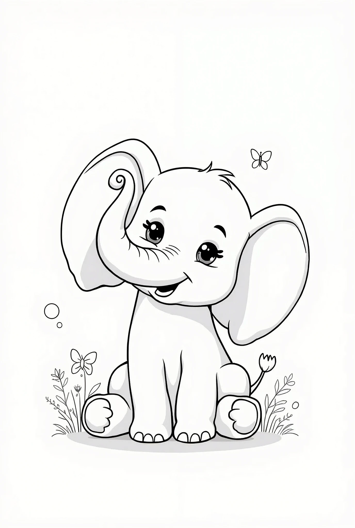Create an online image of a cute and friendly elephant, designed for a coloring page for kids. The elephant must be large and friendly in size., with big round ears, a long, curved trunk that is raising itself cheerfully, and large, expressive eyes. Add some fun details, like bubbles around, flowers and butterflies in the background. Make sure the image has clear, simple outlines to make coloring easier.. Do not include shading or colors, just basic lines and large spaces for the child to fill in.