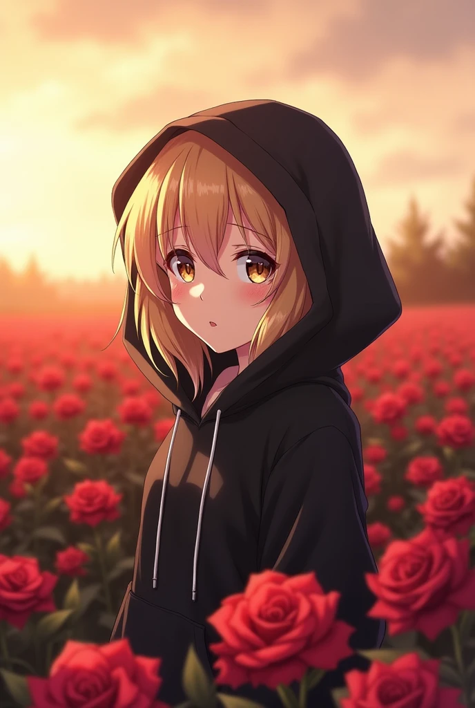 Anime woman, blonde hair, dark brown eyes in a rose field wearing a black hoodie