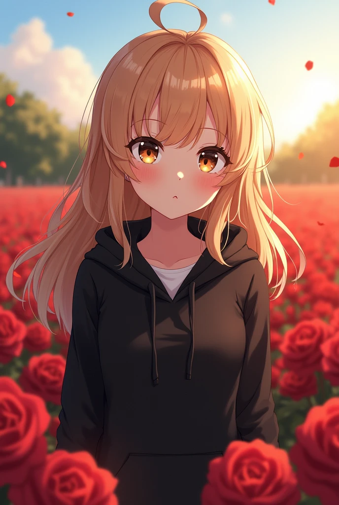 Anime woman, blonde hair, dark brown eyes in a rose field wearing a black hoodie
