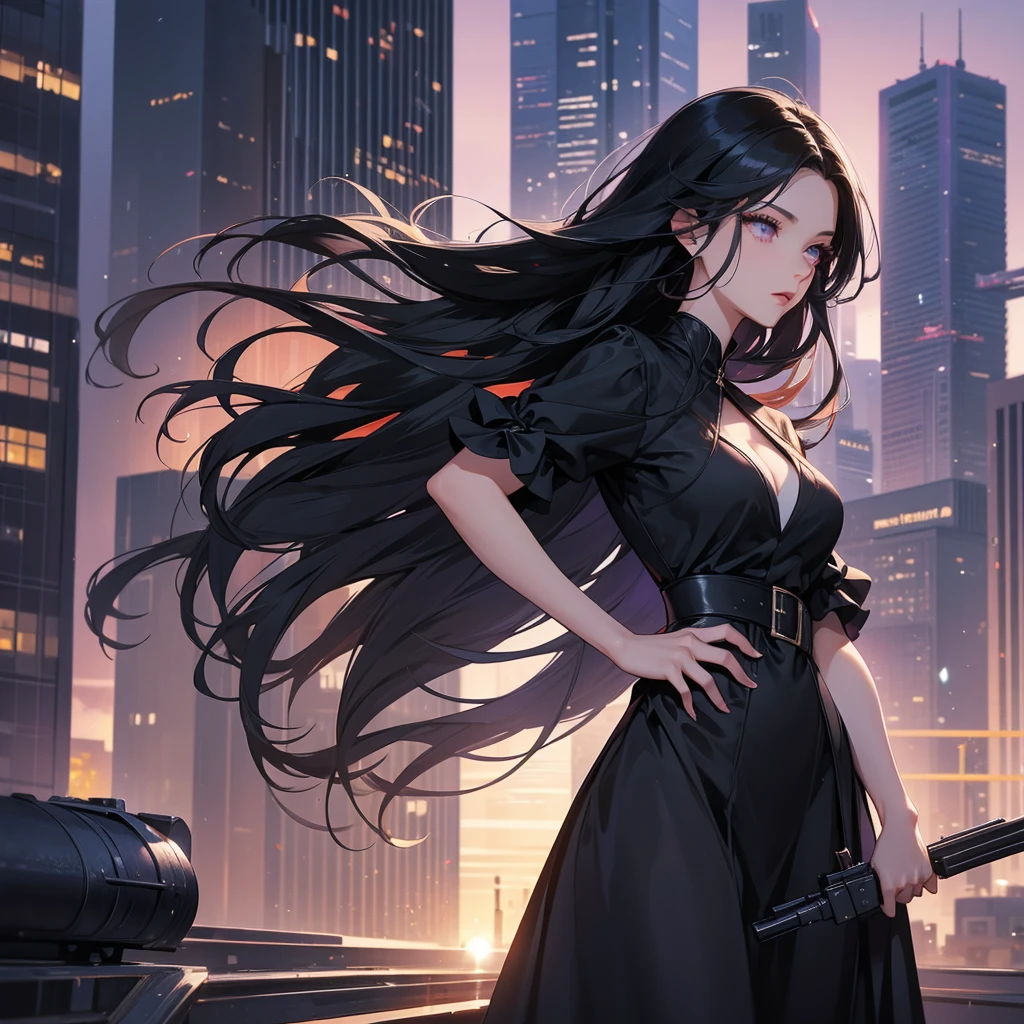 a beautiful woman with long black hair, wearing a tight violet dress, standing holding a pistol, aiming the barrel at the bad guys, on a tall building, the sun is setting, close up.