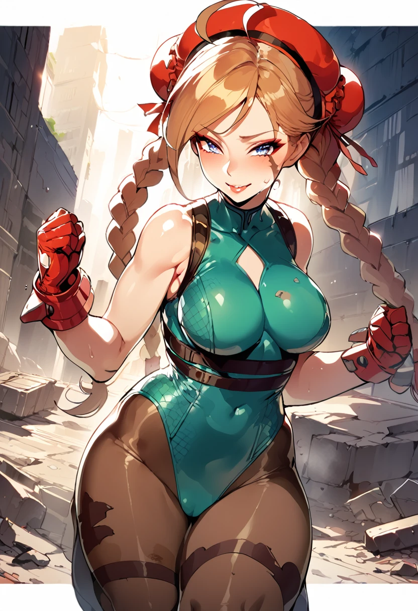 masterpiece,best quality,extreme detail,8k,cammyfn, 1girl, solo, long hair, breasts, blue eyes,brown blonde hair, large breasts, gloves, red hat, braid, ahoge, twin braids, leotard, lips, makeup, beret, scar, antenna hair, nose, harness, huge ahoge, green leotard,sleeveless, sweaty,sweat, exhausted,sleeveless,cross eye, full body , 1girl, (solo:1.2), (jumping:1.3), (mid air:1.3), (cowboy shot:1.5), smile, happy, (masterpiece:1.3), (best quality:1.3), (perfect anatomy:1.4), highly detailed, chun li, brown eyes, short hair, double bun, bun cover, blue dress, pelvic curtain, spiked bracelet, sash, brown pantyhose, (post fight scenery:1.3), rubble, outside, daylight, nyantcha, expressive faces, anime-inspired, (cell shading:1.2), lips, merging