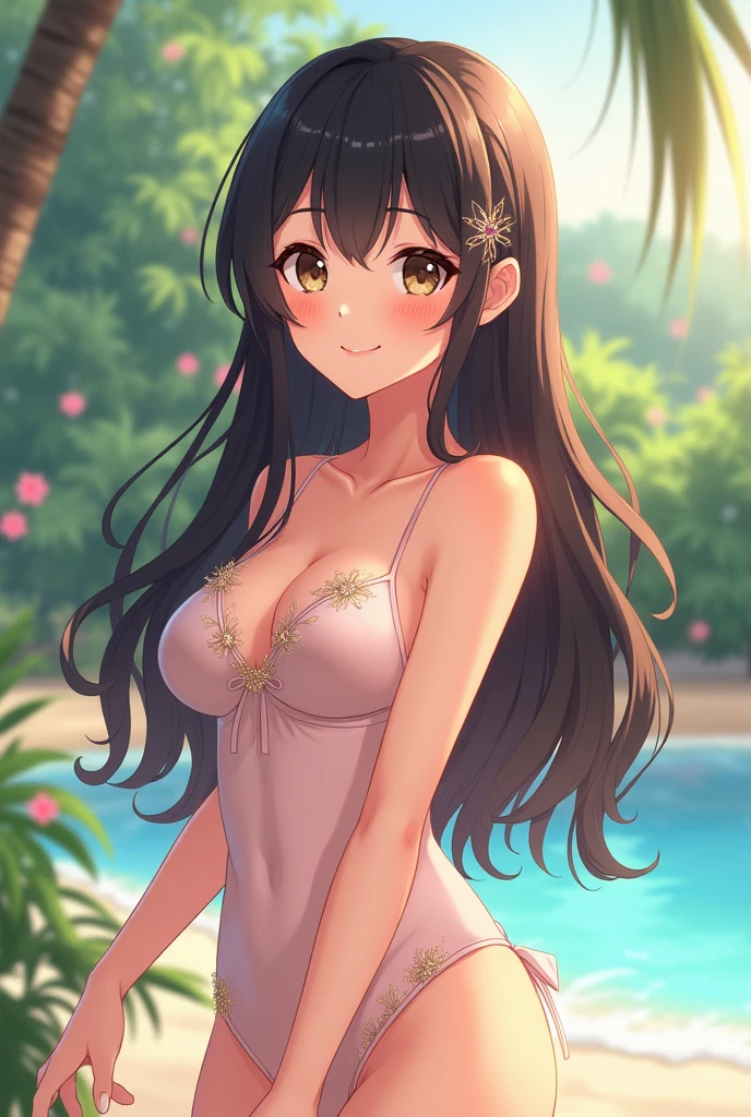 Create a picture of a cute japanese girl long hair have a bang age about 20 years old height around 160 cm. Wearing a swimming sout