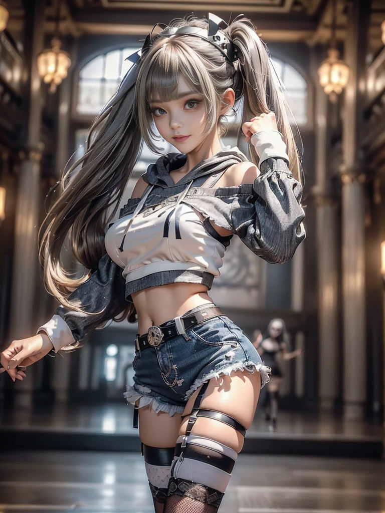 (Full Body View:1.2)、(Beautiful lips and nose:1.5)、(Side view:1.1)、(Smiling with teeth showing:1.3),(Fashion Model:1.5)、(Gothic Lolita battle uniform with delicate decoration:1.5)、(White off-shoulder hoodie:1.5)、(black, Silver and white shorts:1.4)、(denim garter belt:1.5)、(black and denim knee socks:1.3)、(Skull Silver Accessories:1.5)、(Lace Color:1.3)、(Brown Skin Belt:1.4)、(Brown boots:1.2)、(Polka dots on underwear:1.4)、23 years old、((Highest quality、In 8K、masterpiece:1.3))、Sharp focus:1.2、(Layered Cut、Huge boobs:1.1),Beautiful woman with perfect figure:1.4、(Dance vigorously:1.3)、Slim Abs:1.2、Highly detailed face and skin texture、Detailed eyes、double eyelid,(Twin tails:1.3)、(Brownish golden hair:1.3)、Idol Sculpture、(The background is a gorgeous dance hall.:1.3)、(The body is slim:1.2),(Slimming your legs:1.4),(clavicle:1.1)
