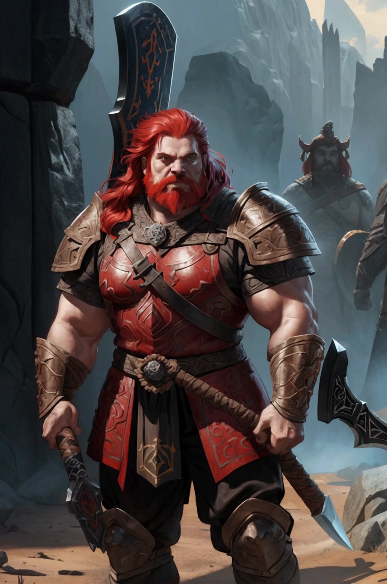 a dwarven slayer with a two-handed axe, red hair, muscular body, fierce expression, detailed armor, glowing runes on the axe, dramatic lighting, cinematic composition, digital painting, realistic rendering, highly detailed, intricate details, masterpiece, 8k, photorealistic