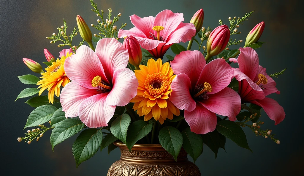 A highly detailed, hyper realistic painting of an exquisite floral arrangement, vibrant colors, sharp focus, intricate petals, delicate stamens, lush greenery, ornate vase, studio lighting, photorealistic, 8K resolution, masterpiece