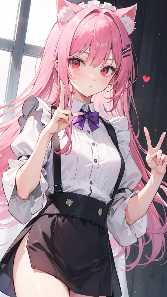 Maid clothes,Red eyes,Long Hair,Straight Hair,Purple and pink hair color,girl,He is making a peace sign with his left hand and looking at me.,Smooth hair,Cat ear,Shooting from below at an angle