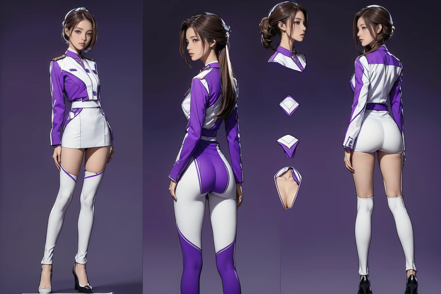 ((masterpiece)),(((Highest quality))),((Reference Sheet, Character Design, front, Rear view, Side view, color々Hairstyle, Facial Expressions)), 14-year-old girl, Cute type, (Very slim:1.4), (Very small ass:1.4), Realistic buttocks, Big Breasts, Short Bob, Thin thighs, Long legs, (A female Earth Federation officer is walking), (Wearing Earth Federation military uniform, White and purple uniform),(Worn by federal government employees'White Hat:1.5)