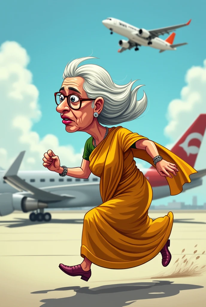 sheikha hasina running towards plane on the surface,,grey and white hair,,wearing a saree,,in a hurry,,feared and worried expression,,cartoon,,with a big head and big nse,,wearing glasses,,running,,saree on her head,,fat
left side profile,,open mouth,,disgusting face



