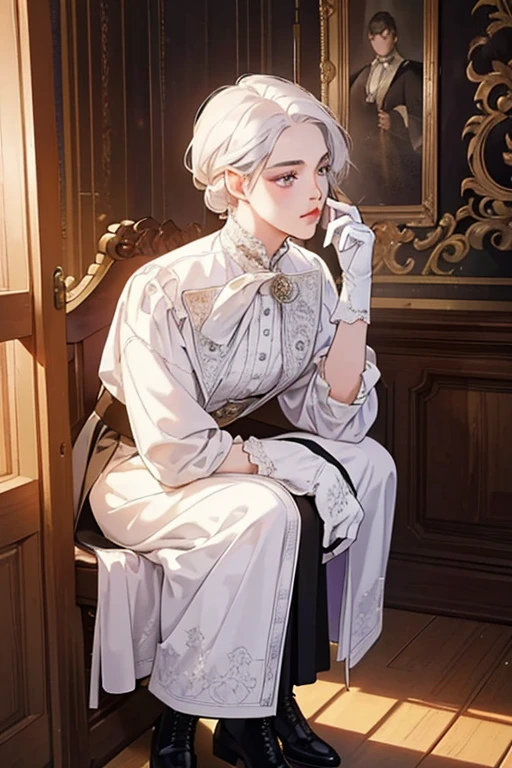 a determined victorian era woman, early 30's, scientist, pristine white labcoat, white clothes, writing, straight white hair, striking purple eyes, side-swept bangs, wearing a monocle, long black gloves, skirt, long black boots detailed realistic portrait, photorealistic, hyperrealistic, 8k, detailed clothing, beautiful detailed eyes, beautiful detailed lips, extremely detailed face, intricate ornate details, cinematic lighting, dramatic shadows, warm color tones, natural lighting, highly detailed, masterpiece, artstation, sharp focus, hyper detailed, full body