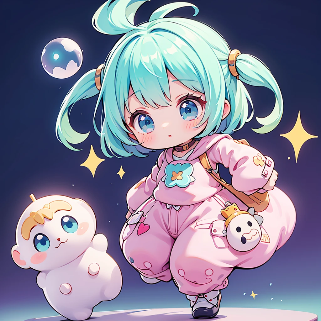 best quality, incredibly absurdres, extremely detailed, 2.5D, delicate and dynamic, chibi, cute girl, wearing baggy clothes, sparkly and vivid color effects, background another dimension