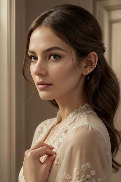 (masterpiece:1.3), (8K, realistic, RAW photos, best quality: 1.4), (1 woman), age 45, young feminine female,(an exceptionally beautiful face), french model, (incredibly beautiful body), top-quality, masterpiece, high resolution, Photorealsitic, Raw photography, flawless, professional lighting, highly detailed, depth of fields,true to life, detailed eyes ears face, detailed beautiful nude bare ears, (((no earrings))), life-like detailed beautiful brown eyes, beautiful detailed styled updo messy loose hair and wavy long dark brown layered hair, (((hair tucked behind ears))), extremely detailed skin, wrinkles, slight skin blemish, beautiful moist pink lips, perfect soft ear, hyper realistic gentle dark brown eyes, sincere, confident, mesmerizing eyes facing down, fingers caressing side of face, (long eyelashes), (double eyelid) , (realistic face), (hair:1.3), ((fresh dewy skin texture), (moist nude lips)), professional natural makeup, translucent white skin, realistic eyes, beautiful delicate ear skin texture, (realistic skin), beautiful skin, attractive, ultra high resolution, extremely realistic, very detailed, golden ratio,A portrait photograph of a young woman,wearing a elegant vintage white lace cotton gown with intricate floral embroidery lace tight blouses, subtle detailed very detailed textured fabric, background setting sunlight softly lit luxurious room with a classical french cottage aesthetic, muted pastel colors on the walls and a large french antique double door that lets in natural diffused sunlight, The woman's expression is calm confident thoughtful as she gazes slightly to the right side, overall mood is serene and nostalgic, shallow depth of field, high detail, elegant, pose: standing relax effortless ((Stand at angle turn towards right side, soft gaze, serene face eyes)), Realistic, Hyperrealistic, Hyper Real, digital, cowboy shot, sharp focus on bare nude ears, (((no earrings))), award winning photography, trending on flicker,
