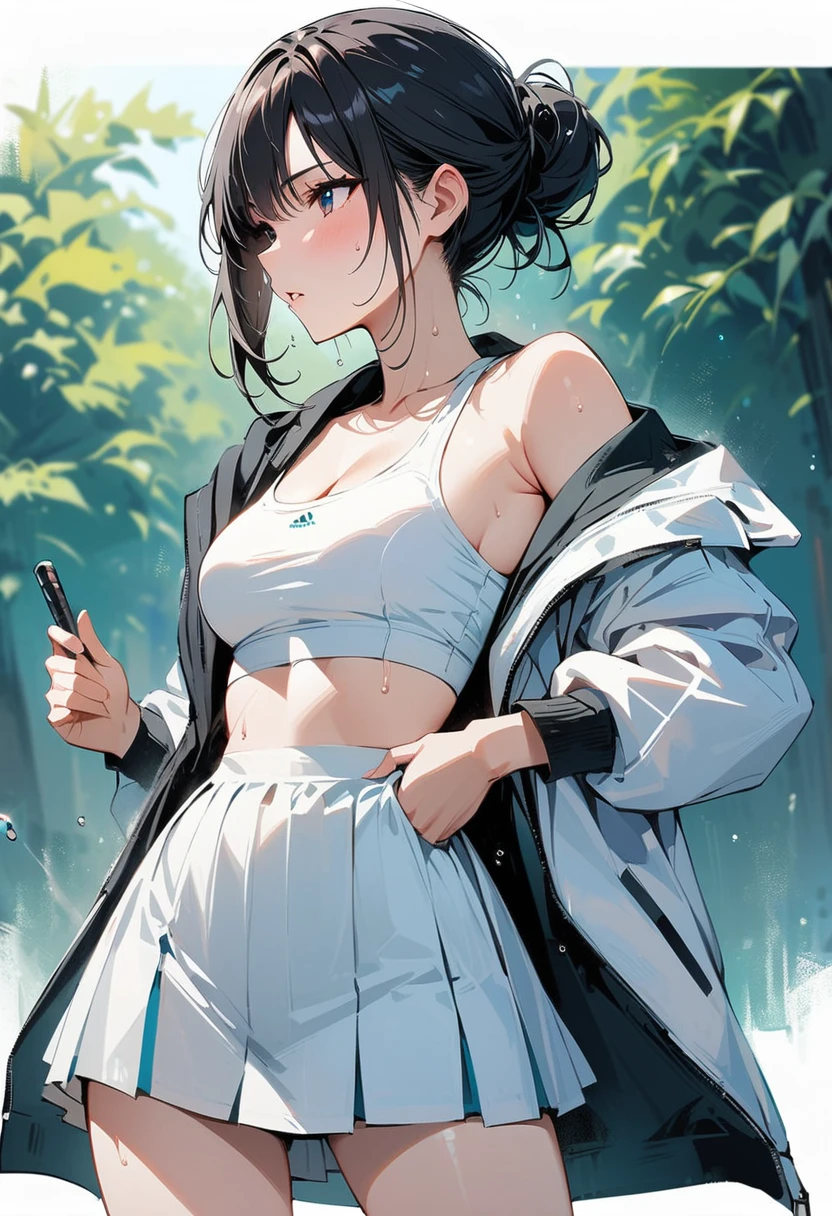 (masterpiece, best quality:1.2), 1 girl, alone , sexy , (tennis skirts) , (cowboy shot) , black hair , (white sports bra) , (Sweat) , (tennis coat) , (hair bun) , tennis pose , grab the tennis raket
