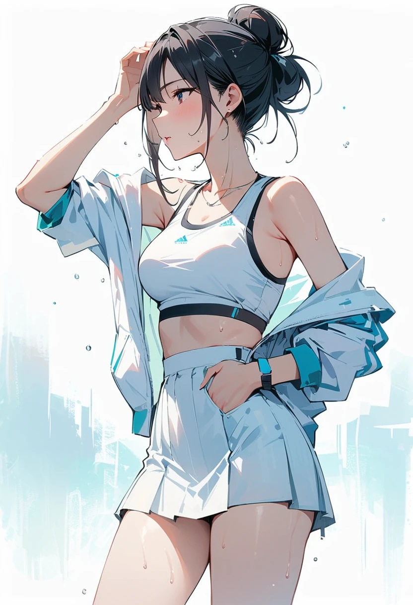 (masterpiece, best quality:1.2), 1 girl, alone , sexy , (tennis skirts) , (cowboy shot) , black hair , (white sports bra) , (Sweat) , (tennis coat) , (hair bun) , tennis pose , grab the tennis raket