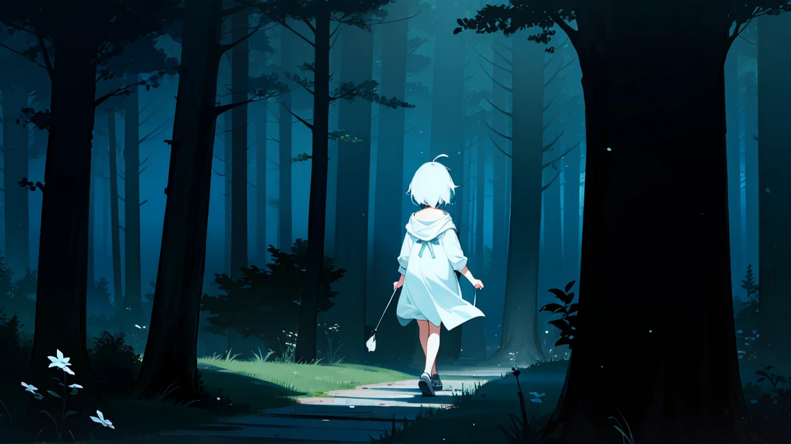 forest、night、The girl is walking.