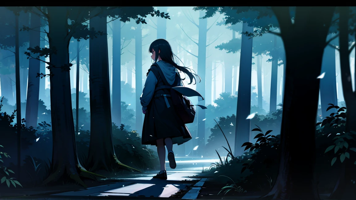 forest、night、The girl is walking.