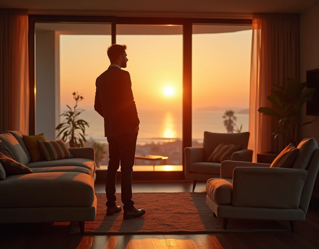 question man on the living room, with sun.