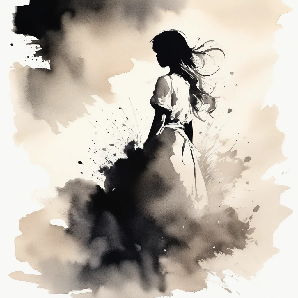 a girl in the world of ink painting, silhuette, standing backwards,