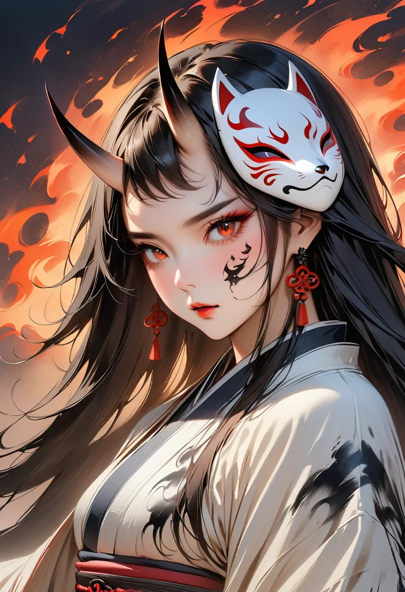 (Masterpiece, Top quality, Best quality, Official art, Beautiful and aesthetic:1.2), Ink painting, (((Hair color is white))), (((She wears an Anbu fox mask on her face)))A tempting devil,1 girl, wearing a kimono, (2 small oni horns:1.6), fire around her, Glowing body, Colorful, Top detailed, Cold light, Tattoo