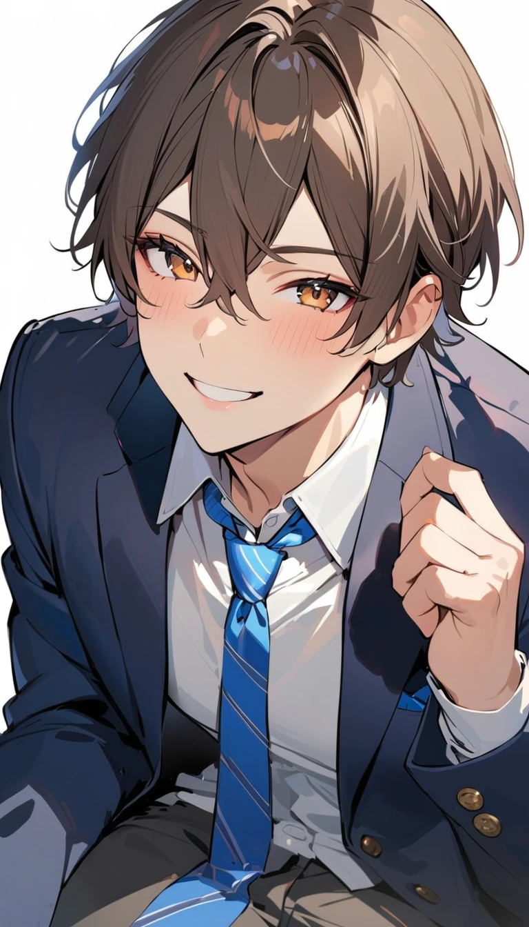 best quality , a handsome boy, Brown Hair, Short Hair, smile,blazer,Blue tie, high school student, white background