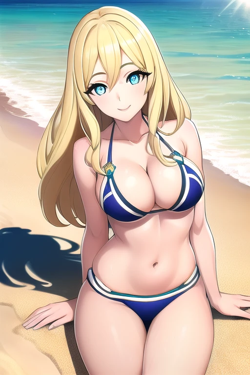 ((Very detailed)), ((Highest quality)), ((Highest quality)), ((beautiful eyes)), ((Very detailed)), 4K, (8k), Highest quality, (beautiful), alone, 1 girl、Blonde、Long Hair,definition_smile, Swimwear,Beach, (masterpiece, Highest quality, Super detailed, Best Shadow)