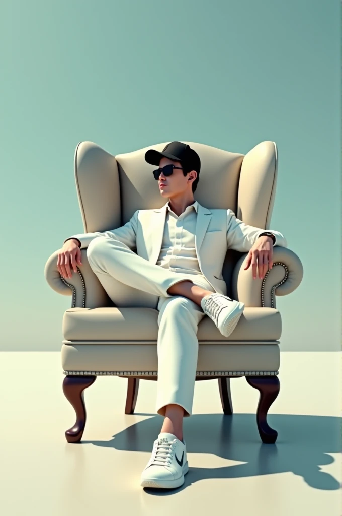 @⚝Xᴀɴ┤├Rɪғᴀᴛ⚝:Create a 3D illusion for a WhatsApp profile picture where a boy in a white shirt and suit sits casually on a Wingback Chair. Wearing sneakers ,a black cricket cap, and sunglasses, he looks ahead. The