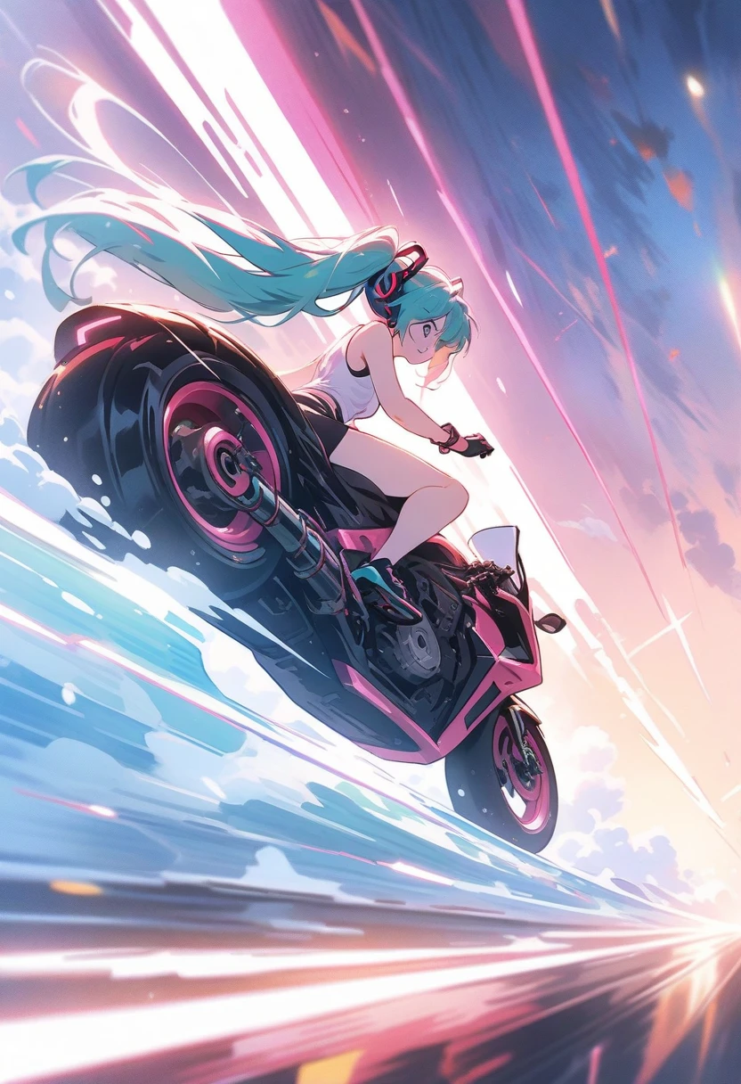 ((hatsune miku)), riding a futuristic motorcycle, sense of speed, motion blur, cyberpunk, pale skin, tired face, 8k,wallpaper of extremely detailed CG unit, ​masterpiece,hight resolution,top-quality,top-quality real texture skin,hyper realisitic,increase the resolution,RAW photos,best qualtiy,highly detailed,the wallpaper,cinematic lighting,ray trace,golden ratio, long shot, 