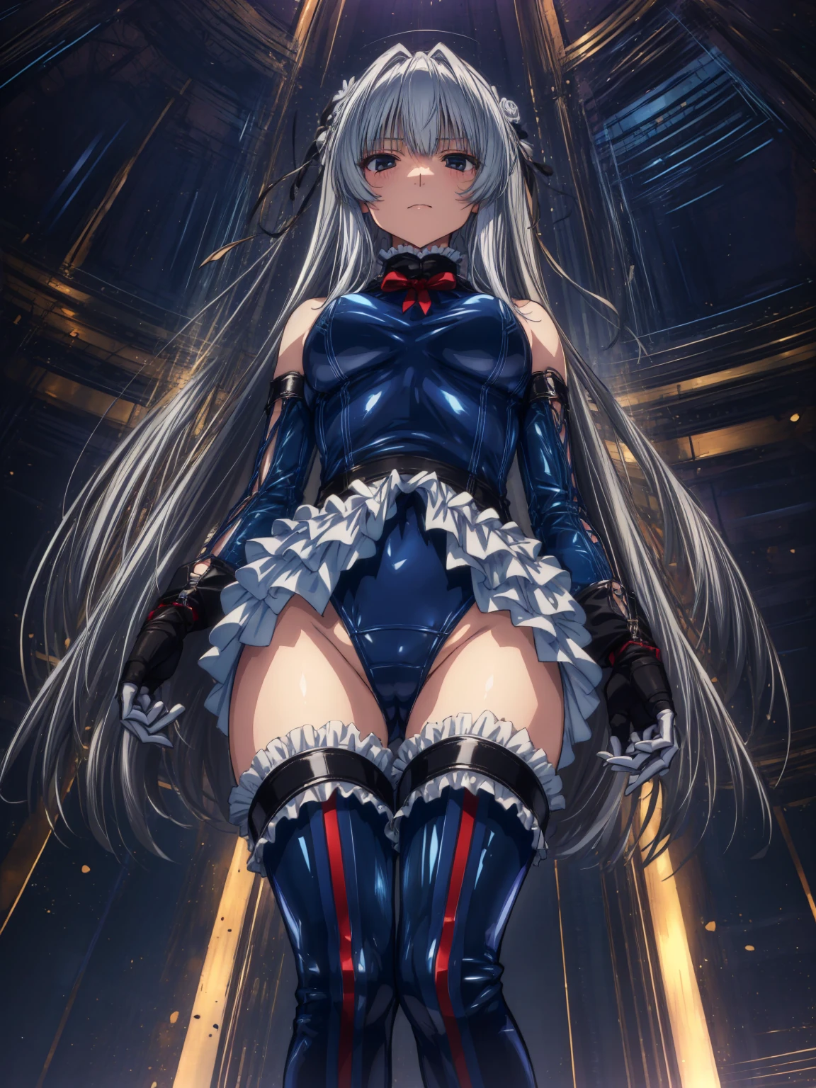 Perfect Anatomy, Highest quality, rose,,Provocative attitude
(Inside the futuristic base:1.1)(Emotionless,Expressionless:1.4),Anime Style,(frilled swimsuit,
thighhighs,
detached sleeves), (Anime Style:1.4) ,(Three Girls:1.5),
Silver Hair,(White fingers:1.1,Black gloves),Very long hair,Evil Aura,(From directly below:1.4),whole body