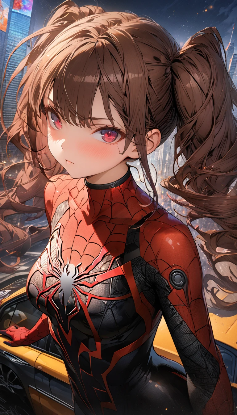 (masterpiece, Highest quality), Intricate details, 8k, Art Station, wallpaper, Official Art, Splash Art, Sharp focus,, One girl, Long Hair, Twin tails, Red eyes, Brown Hair, , Spider Suit, spiderweb printing, spiderweb, , skyscraper, city, building, car, street,