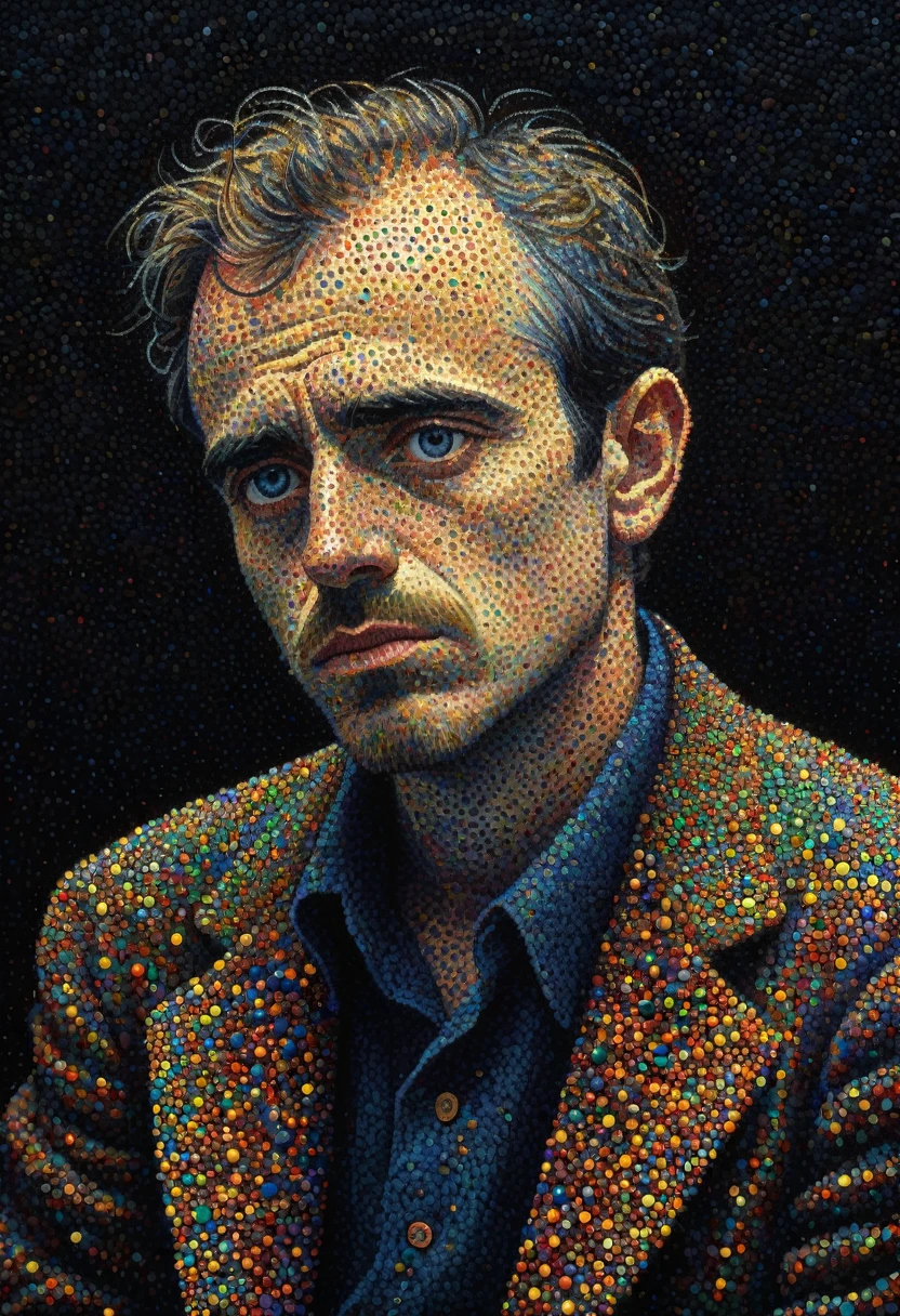 pointillism, a tormented genius contemplates the futility of things and concludes that everything is useless, micro dots representing blind spots, 8k, work of art, Brilliant composition, deep dark contrast, minimal use of colors