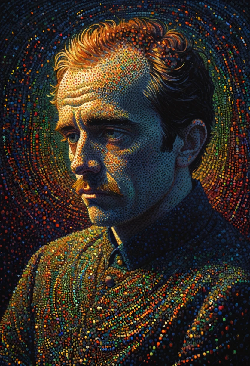 pointillism, a tormented genius contemplates the futility of things and concludes that everything is useless, micro dots representing blind spots, 8k, work of art, Brilliant composition, deep dark contrast, minimal use of colors