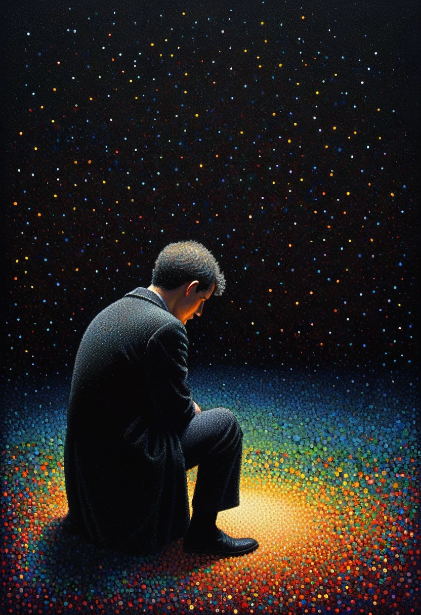 pointillism, a tormented genius contemplates the futility of things and concludes that everything is useless, micro dots representing blind spots, 8k, work of art, Brilliant composition, deep dark contrast, minimal use of colors