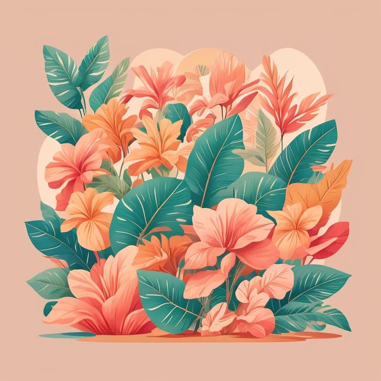 Flora Print,Soft beige,pastel pink,Tropical plants,rzminjourney,vectorial art,Design loops