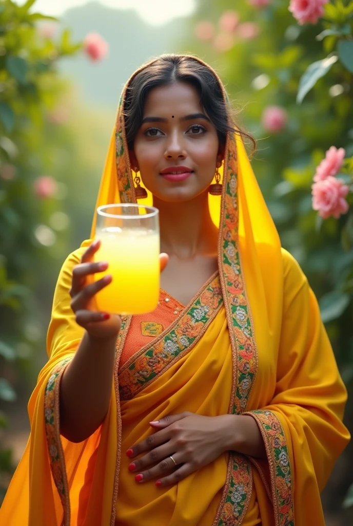  25 year girl with dopatta on head offering a glass of lemon juice