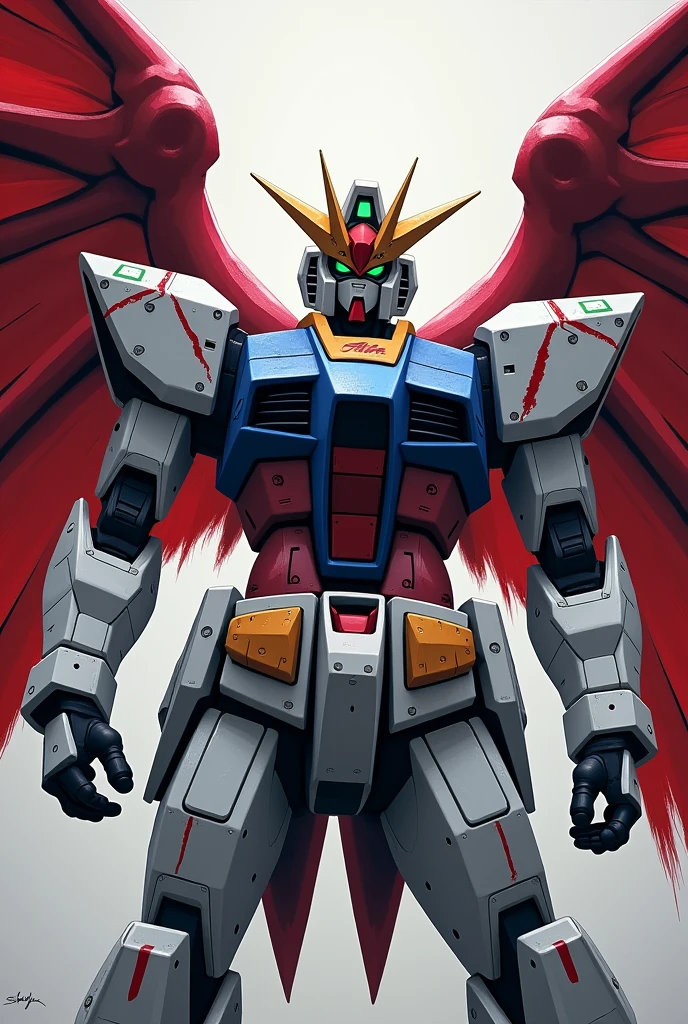 with wings on its back.
The wings on its back are red.、Colors that have a villainous vibe、Shoulders and arms、The chest is blue and the rest is mostly white.
There are vertical scar-like things on both cheeks.
It's a Gundam.?
