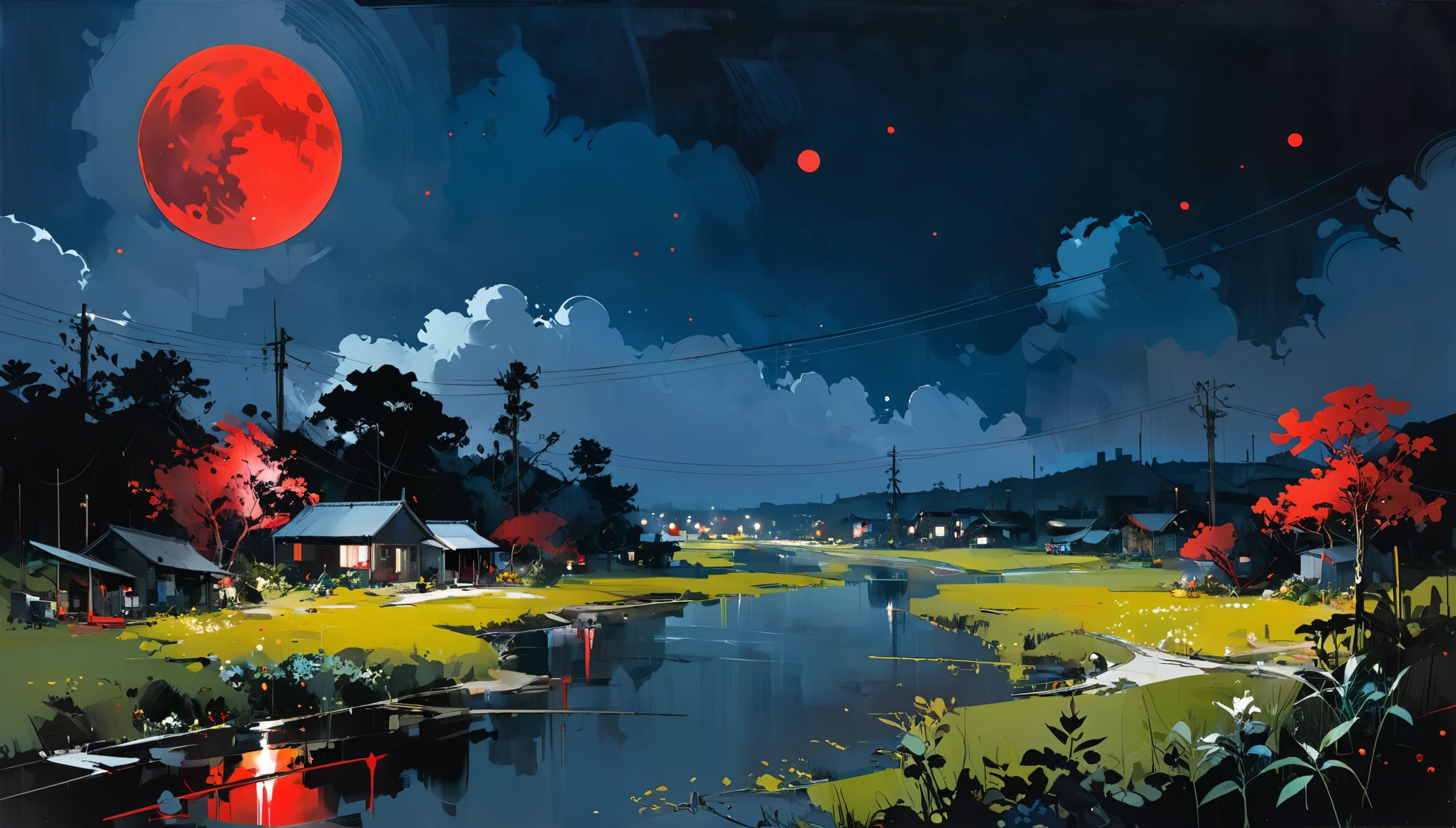 in style of Adrian Ghenie -【painting】-
 (landscape scene concept design, long shot),night,fluorescent midnightblue plant,solo only blood red moon