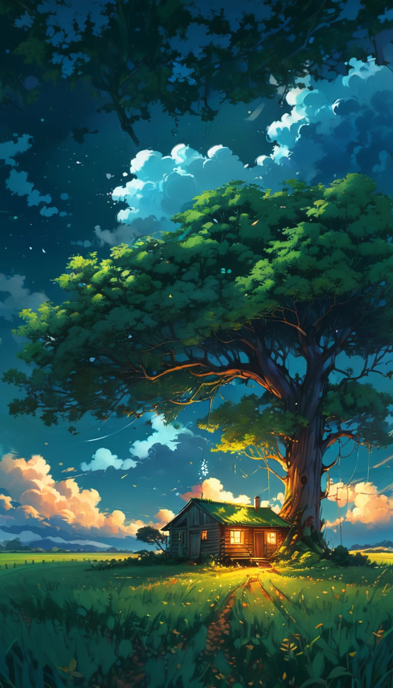 a painting of a cabin under a tree in a field, makoto shinkai cyril rolando, anime art wallpaper 4k, anime art wallpaper 4k, animated background, anime art wallpaper 8k, animated background art, anime landscape wallpaper, amazing wallpaper, hd wallpaper, 4k anime wallpaper, 4k anime wallpaper, anime countryside landscape, Highly detailed 4k digital art