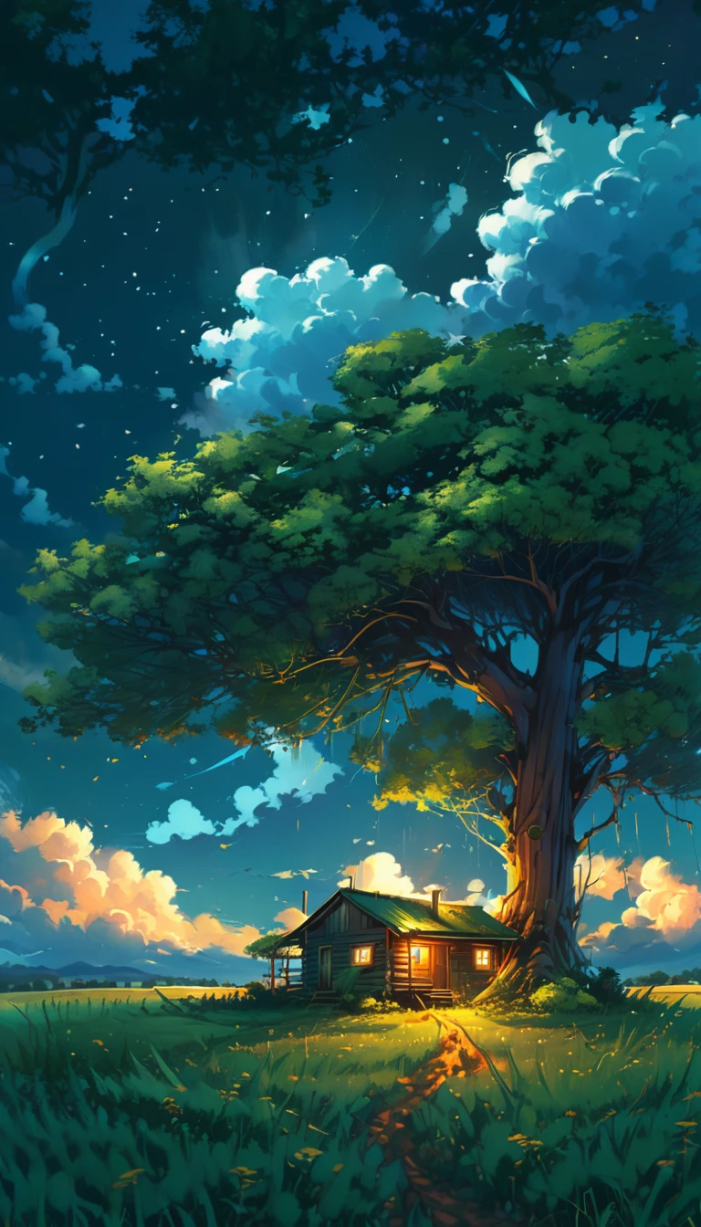 a painting of a cabin under a tree in a field, makoto shinkai cyril rolando, anime art wallpaper 4k, anime art wallpaper 4k, animated background, anime art wallpaper 8k, animated background art, anime landscape wallpaper, amazing wallpaper, hd wallpaper, 4k anime wallpaper, 4k anime wallpaper, anime countryside landscape, Highly detailed 4k digital art