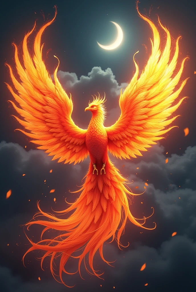 A phoenix engulfed in flames near the moon
