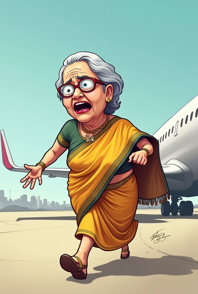 sheikha hasina running towards plane on the surface,,grey and white hair,,wearing a saree,,in a hurry,,feared and worried expression,,cartoon,,with a big head and big nse,,wearing glasses,,running,,saree on her head,,fat
left side profile,,open mouth,,disgusting face



