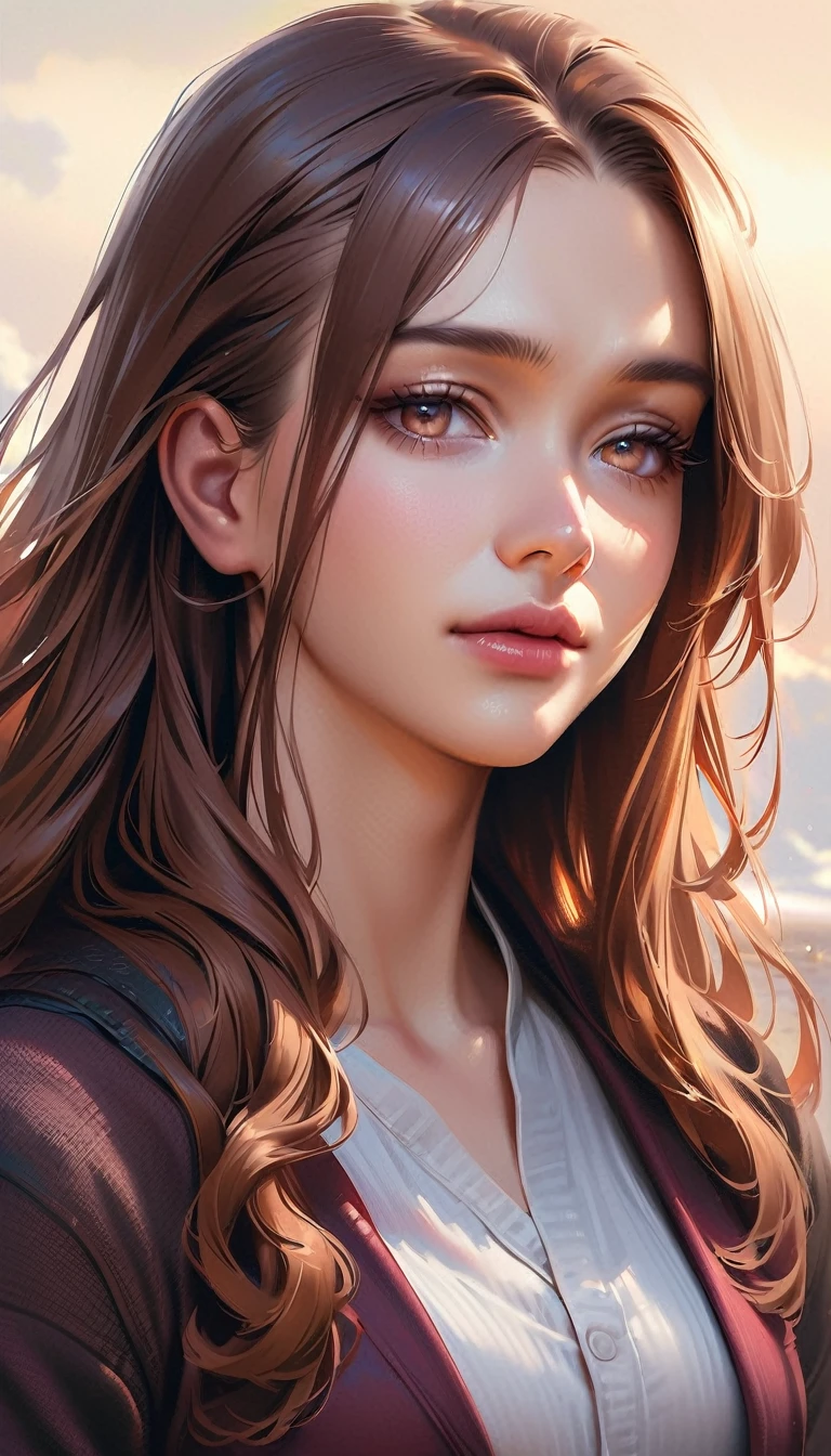 realistic, a girl, long hair , clear makeup