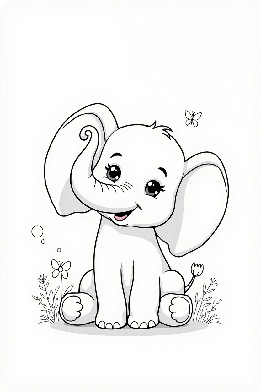 Create an online image of a cute and friendly elephant, designed for a coloring page for kids. The elephant must be large and friendly in size., with big round ears, a long, curved trunk that is raising itself cheerfully, and large, expressive eyes. Add some fun details, like bubbles around, flowers and butterflies in the background. Make sure the image has clear, simple outlines to make coloring easier.. Do not include shading or colors, just basic lines and large spaces for the child to fill in.