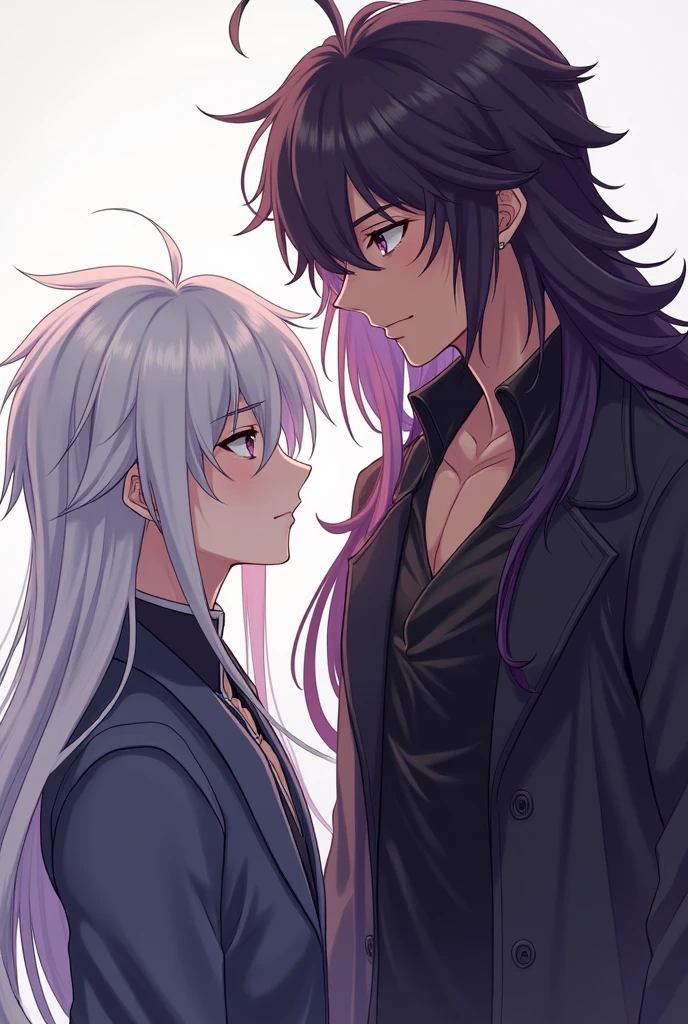 2 males, 1 male,beauty, white long hair, eyes lilac, and, 1 male, high, brown skin,
