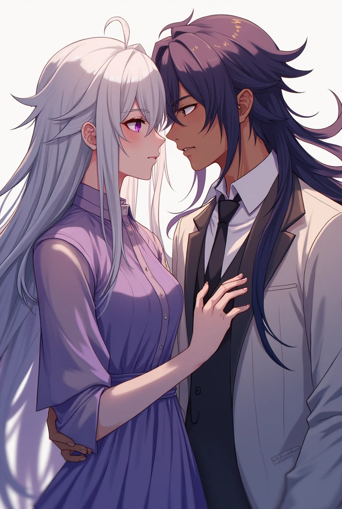 2 males, 1 male,beauty, white long hair, eyes lilac, and, 1 male, high, brown skin,