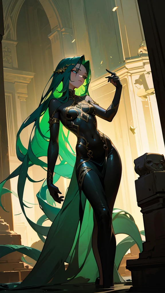 Generate an image of a 9dangerous yet beautiful and tempting Medusa. She should have long, flowing hair made of sinister snakes, with piercing, hypnotic eyes that seem to glow with an unearthly bright green light. A snake-like body from the waist down. Her face is a perfect combination of beauty and danger, with sharp features and a slight smirk that suggests her mortal nature. She stands in a dark, ancient temple full of crumbling statues, some of which seem to be turning to stone. The atmosphere is tense and mysterious, with shadows and faint shafts of light adding depth to the scene.