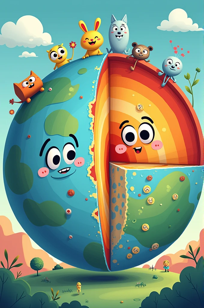 Draw a conception art about the different subsystems of the earth, provide image. Make it like a cartoon simple design 