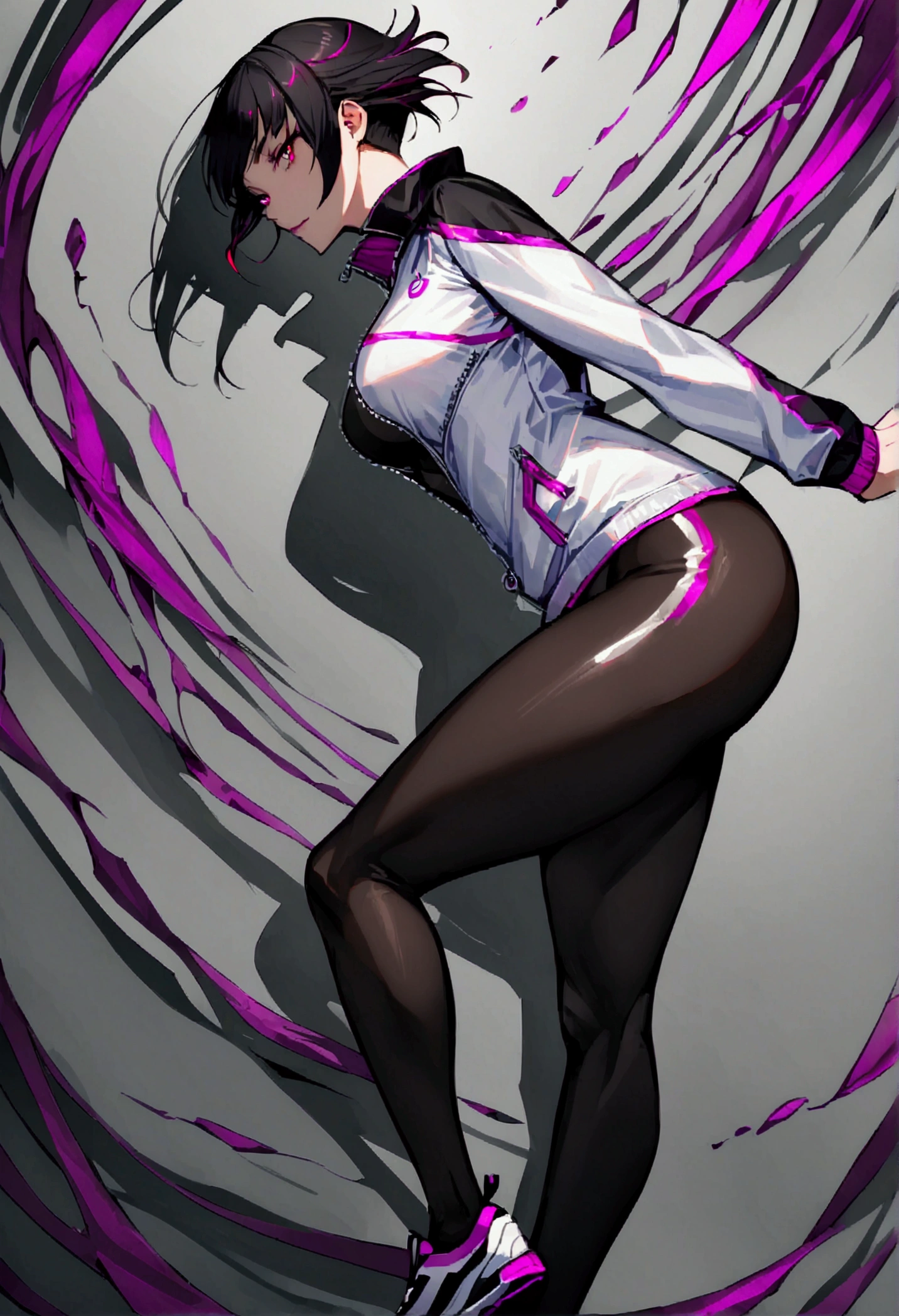 standing,alone,short hair,work of art,face detailed,beautiful young fitness woman with , in a gym wearing May with black pantyhose, standing alone,red eyes glowing,Evil smile,legging preto ,labiaa,dark eye shadow,shining eyes,a hand leaning against the wall,neckleace,jacket zipper half open,Tight black shirt,white sports tennis shoes,short hair with purple details,beautiful curves,whole body,hair with purple details,labiaa,detailed face and eyes,work of art,sexy look,pefil from sideways,from sideways,wind in your hair,fully body