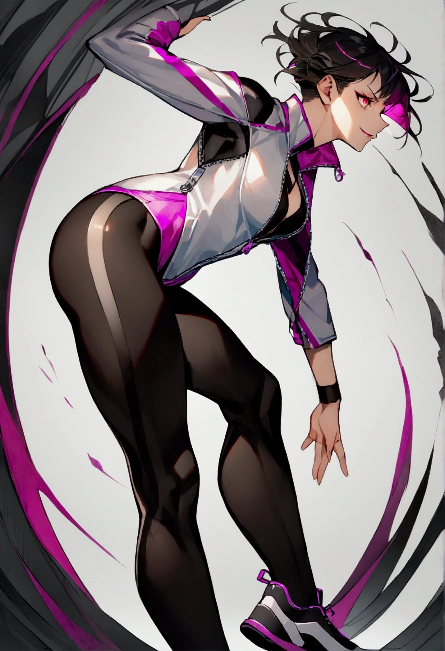 standing,alone,short hair,work of art,face detailed,beautiful young fitness woman with , in a gym wearing May with black pantyhose,  standing alone,red eyes glowing,Evil smile,legging preto ,labiaa,dark eye shadow,shining eyes,a hand leaning against the wall,neckleace,jacket zipper half open,Tight black shirt,white sports tennis shoes,short hair with purple details,beautiful curves,whole body,hair with purple details,labiaa,detailed face and eyes,work of art,sexy look,pefil from sideways,from sideways,wind in your hair,fully body
